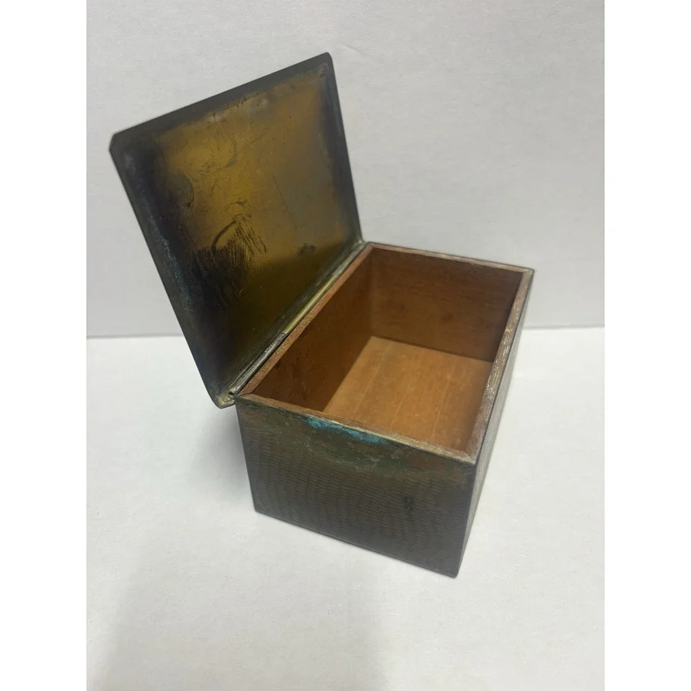 Box Hammered Brass Wood inside trinket small rectangular 5 x 2.5 x 3.5 vintage